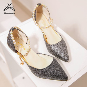 Sandales pour femmes été 2022, nouvelle mode coréenne, pointues, avec paillettes et perles, sandales à talon court pour mariée et demoiselle d'honneur - Product Image 6