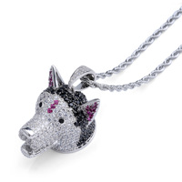 Pendentif Tête de Chien Husky 3D en Laiton Plaqué Rhodium Style Hip Hop, Entièrement Sertie de Zircons Cubiques Transparents, Noirs et Violets, Pendentif Animal de Compagnie Iced Out