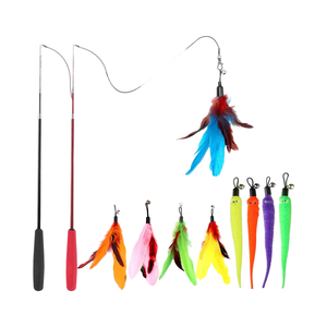 Paarse Blauwe Intrekbare Grappige Huisdieren Speelgoed Interactieve Indoor Kippenveer Kat Spel Toverstaf Gemaakt Plastic Houten Stok Feeënteaser - Product Image 1