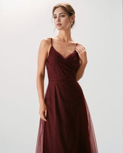 Personalizado Vintage <span class=keywords><strong>rojo</strong></span> sólido Color malla espagueti correas cuello en V espalda descubierta cintura largo mujeres Sexy elegante fiesta vestidos de noche - Product Image 1