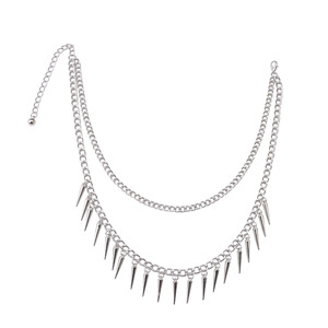 Collier chaîne à pointes argenté double couche style punk avec rivets coniques, ras-de-cou tendance pour soirée, bijoux hip-hop pour femmes et hommes - Product Image 5