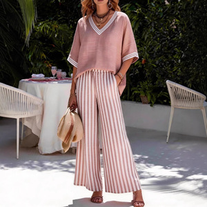 Ensemble deux pièces décontracté pour <span class=keywords><strong>femme</strong></span>, col en V, en <span class=keywords><strong>lin</strong></span> rayé, avec <span class=keywords><strong>pantalon</strong></span> large, disponible en OEM - Product Image 2