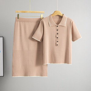 Women Knitted Sweater Set <b>Summer</b> Polo Collar <b>Short</b> Sleeve <b>Skirt</b> Outfit Casual Office Wear - Product Image 1