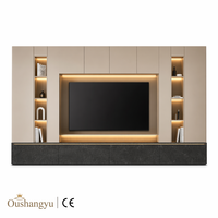 Meuble TV haut de gamme contemporain beige mat sans poignée, intégré, pour appartement, support pour projets professionnels