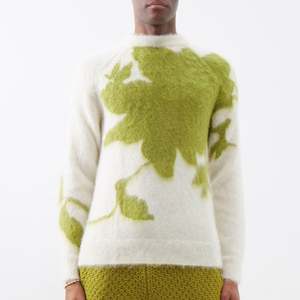 Conjunto personalizado de Jersey de hombre de manga larga con cuello redondo y Jacquard verde Nathan con estampado de mohair y pantalones de punto - Product Image 1