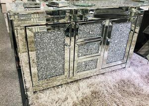 Credenza Moderna di Lusso in Vetro Specchiato Argento con Diamanti Frantumati e MDF, Due Ante, Arredamento per la Casa - Product Image 3