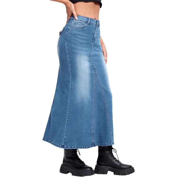 Frauen hohe Taille Schnurrbart Effekt Meerjungfrau Saum knöchel langen Jeans rock Maxi Frauen