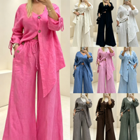 Nouvel ensemble décontracté en coton et lin pour femme 2026 – Blouse et pantalon deux pièces coupe ample couleur unie – Vêtements de gros pour fabricants