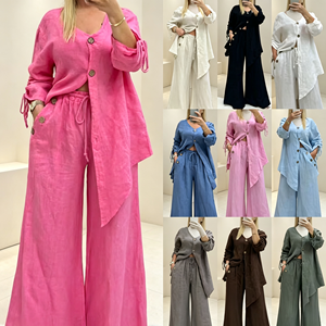 Nouvel ensemble décontracté en coton et lin pour femme 2026 – Blouse et pantalon deux pièces coupe ample couleur unie – Vêtements de gros pour fabricants - Product Image 3