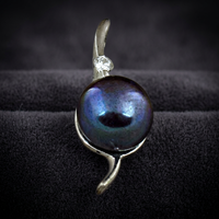Pendentif solitaire en perle de Tahiti, argent 925, serti de pierres, perle noire cultivée ronde, style classique, unisexe, à porter au quotidien