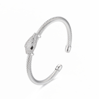 Bracelet Serpent Ouvert Torsadé en Or Blanc avec Zircons Cubiques Transparents et Yeux en Pierre Noire, Réglable, Bijou de Soirée pour Femme