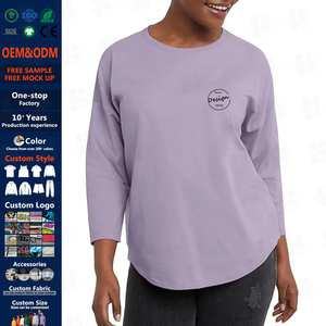 T-Shirt all'ingrosso con stampa personalizzata alla rinfusa <span class=keywords><strong>nera</strong></span> 220 GSM pesante manica 3/4 con orlo curvo in cotone tinta unita per le donne - Product Image 1