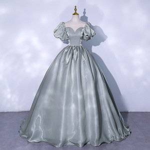 Grey Green Puff Sleeve Ball Gown Sweetheart Neckline Empire Waist Evening Dress For Wedding Performance Host Court Style - Product Image 1