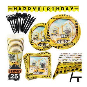 Lindos Artículos de Fiesta de Cumpleaños con Temática de Construcción en Papel Amarillo para Niños - Product Image 1