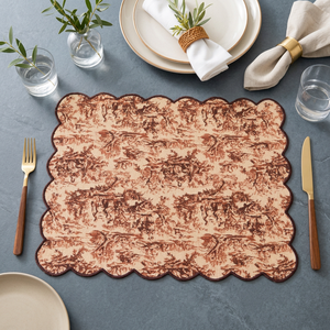 Mantel individual de algodón y lino premium con estampado Toile marrón vintage y borde festoneado |   Elegante Mantel Decorativo para Mesa de Comedor - Product Image 2