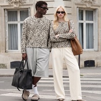 Haut à manches longues en coton gaufré pour homme, imprimé léopard, coupe ample à épaules tombantes, col rond, style rétro streetwear, automne