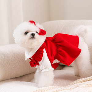 Spring and Autumn Puppy <b>Bow</b> Dress Set, Medium and Small Dog and Cat New Year Pet Clothes - Product Image 4