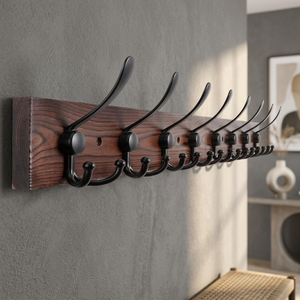 Wooden Wall Mounted Coat Rack with <b>8</b> Cast <b>Iron</b> Hooks Modern Style for Bathroom or Walls Clothing Organizer - Product Image 3