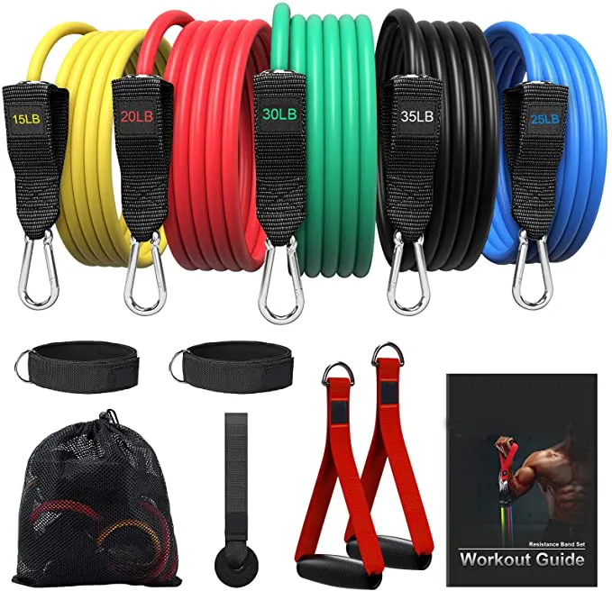 Esportes personalizados 100/150lbs, fitness, 11 peças, tubo de exercício, faixas de resistência de látex, equipamentos de ginástica pesados