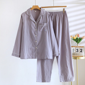 SUHE PJ-043 Women's Pure Cotton Woven Gauze Floral V-neck Drawstring Pajamas Long Sleeve Thin Two Piece Set Home Loungewear - Product Image 6
