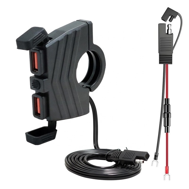 12V Waterproof Motorcycle Handlebar SAE to Double QC3.0 18W Fast USB Charger Socket Adapter with ON-OFF Button Switch