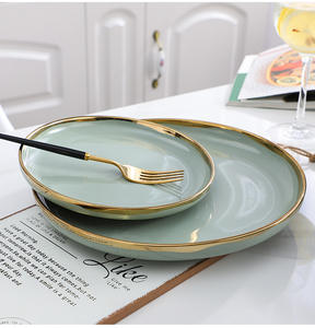 Service de vaisselle de luxe en porcelaine céramique vert clair avec bord doré de haute qualité pour la cuisine - Product Image 5