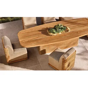 طاولة طعام فاخرة عالية الجودة من خشب الساج المصمت لحديقة فناء المطعم أثاث طاولة طعام خارجية مع مجموعة كراسي