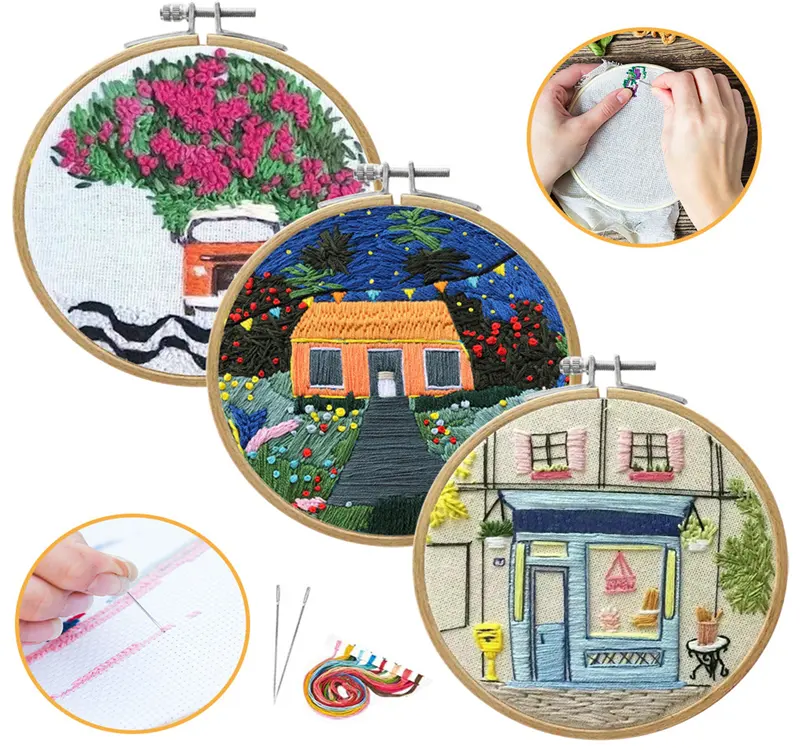 DIY Ribbon Embroidery Set for Beginner Needlework Kits Europe Town Scenery Cross Stitch Series Needle Art Craft Sewing Decor
