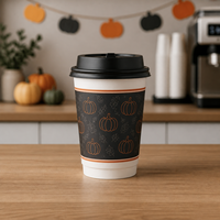 Gobelet isotherme double paroi pour boissons chaudes, imprimé personnalisé, motif citrouille, en kraft, jetable, 12 oz, vente en gros, fournisseur en vrac pour Halloween