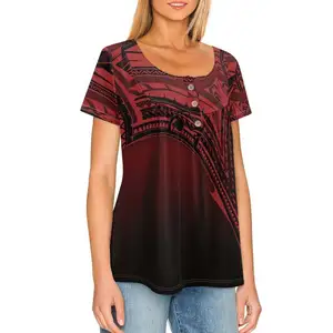 2023 Latest Design Custom Polynesian Hawaiian Red Tribal Printing Womens Summer Tshirts V Neck Cold Shoulder Tunic Tops Blouse