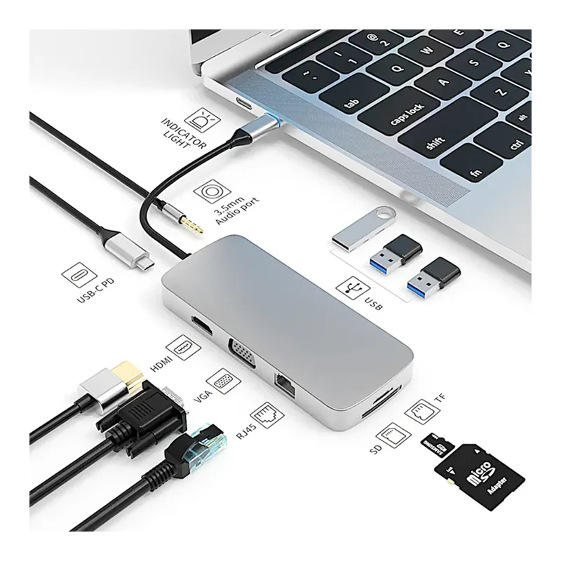 Hub Usb 10 Port Stasiun Dok Laptop Hub Usb Tipe C Ke USB 3.0 Usb 2.0 SD TF Audio 3,5 Mm Usb C Hub Pd