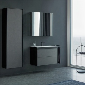 Meuble-lavabo moderne de salle de bain <span class=keywords><strong>gris</strong></span> mural flottant en <span class=keywords><strong>ardoise</strong></span> avec ensemble d'évier à encastrer et miroir intelligent à DEL - Product Image 4
