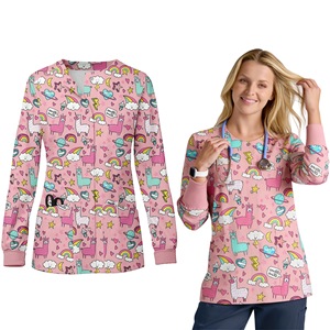 Women Hospital Uniform Scrub <b>Top</b> Round Neck Cartoon Print Moisture Wicking Work Jacket Professional Nurse Clothing - Product Image 3