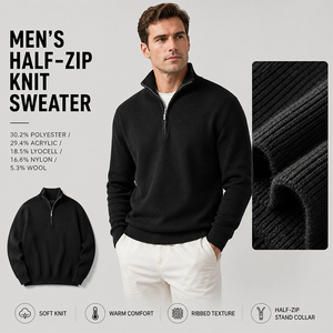 Pull en maille pour homme en mélange de laine et de lyocell, col montant à demi-zip, automne-hiver, avec logo personnalisé, haut de gamme, chaud - Product Image 1