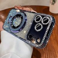 Coque de téléphone de luxe à paillettes diamantées électroplaquées pour iPhone 17 Air 16 15 14 Pro Max avec support magnétique et membrane de protection d'objectif arrière