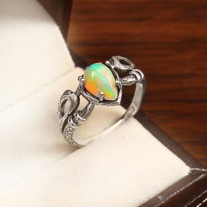 Women's 925 Sterling Silver Bezel Ring Pear Fire <b>Opal</b> Dyed Vermeil Classic Boho Style Wedding Anniversary Birthday Party <b>Gift</b> - Product Image 3