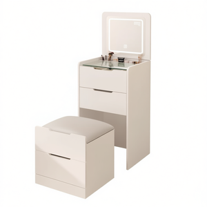 Juego de tocador de maquillaje para dormitorio pequeño 3 en 1, luz de espejo abatible, iluminación de 3 colores, mesa de vidrio Visible, Banco de almacenamiento de 3 cajones para - Product Image 1