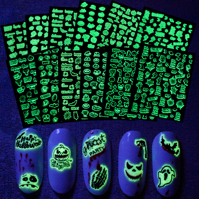 Nail Stickers Luminous Halloween Style Skull Nail Sticker Self-Adhesive Nail Art Decoration