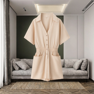 Summer Solid Breathable Turn <b>Down</b> Collar Short Sleeve Buttons up Elastic Waist Casual Fashion Women One Piece Jumpsuit - Product Image 3
