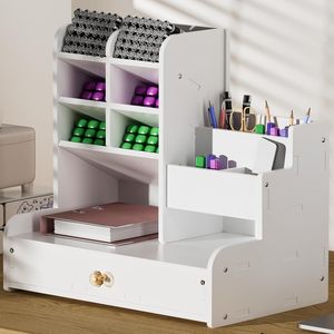 Support de rangement pour stylos de bureau, 4 niveaux, en composite bois-plastique, organisateur de bureau pour étudiants avec tiroir, boîte à papeterie - Product Image 1