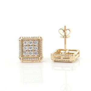 2021 New Square Stud Ear rings Yellow Gold Color Plated Silver DEF Moissanite Melee Stud Earrings for Men