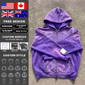 Sweat à capuche zippé en coton French Terry 500g épais avec logo personnalisé, manches ornées de strass, effet délavé vintage, style streetwear - Product Image 2