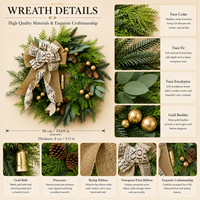 Karangan Bunga Natal Buatan Tahan Lama, Dapat Digunakan Kembali, Bergaya Rustic, dengan Pita Kertas Koran, Hiasan Pita, Buah Pinus, Lonceng Emas, Bola-bola Hias, dan Dekorasi Eucalyptus
