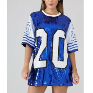 Sequin dài O cổ t Áo sơ mi bên Câu lạc bộ hàng đầu lỏng quần áo màu xanh trắng số 20 Zeta phi Beta sorority sequin t Áo sơ mi quần áo - Product Image 1