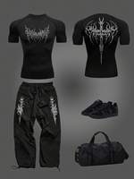 Ensemble T-shirt de compression imprimé style gothique pour homme + pantalon long ample - Ensemble de sport et de gym à séchage rapide avec motif ange caché