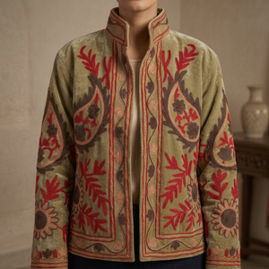 Blouson bomber en velours beige brodé pour femme, col montant, manches longues, motif Suzani, doublure en coton velours épais et écologique - Product Image 1