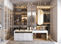 Système de dressing de luxe élégant blanc avec portes vitrées et éclairage LED pour dressing intégré