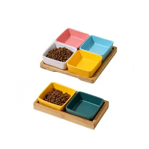 Custom Cat Dog Food Bowl Alimentador Água Cerâmica Pet Bowl Com Suporte De Madeira Tigelas De Cerâmica Moderna Pet