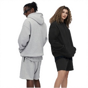 Ensemble assorti unisexe surdimensionné en coton tricoté à 100 %, sweat à capuche et short, doux, confortable, décontracté, gris chiné et noir - Product Image 3