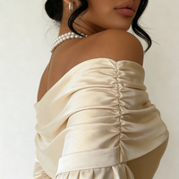 Robes de soirée élégantes pour femmes, tendance, beige doré, en satin, épaules dénudées, manches longues, corset à la taille, volants superposés, mini longueur